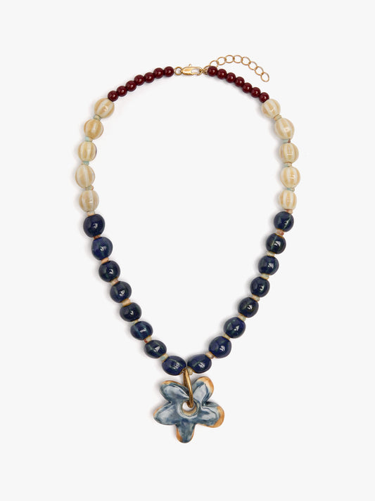 Necklace With Ceramic Beads With Flower Pendant