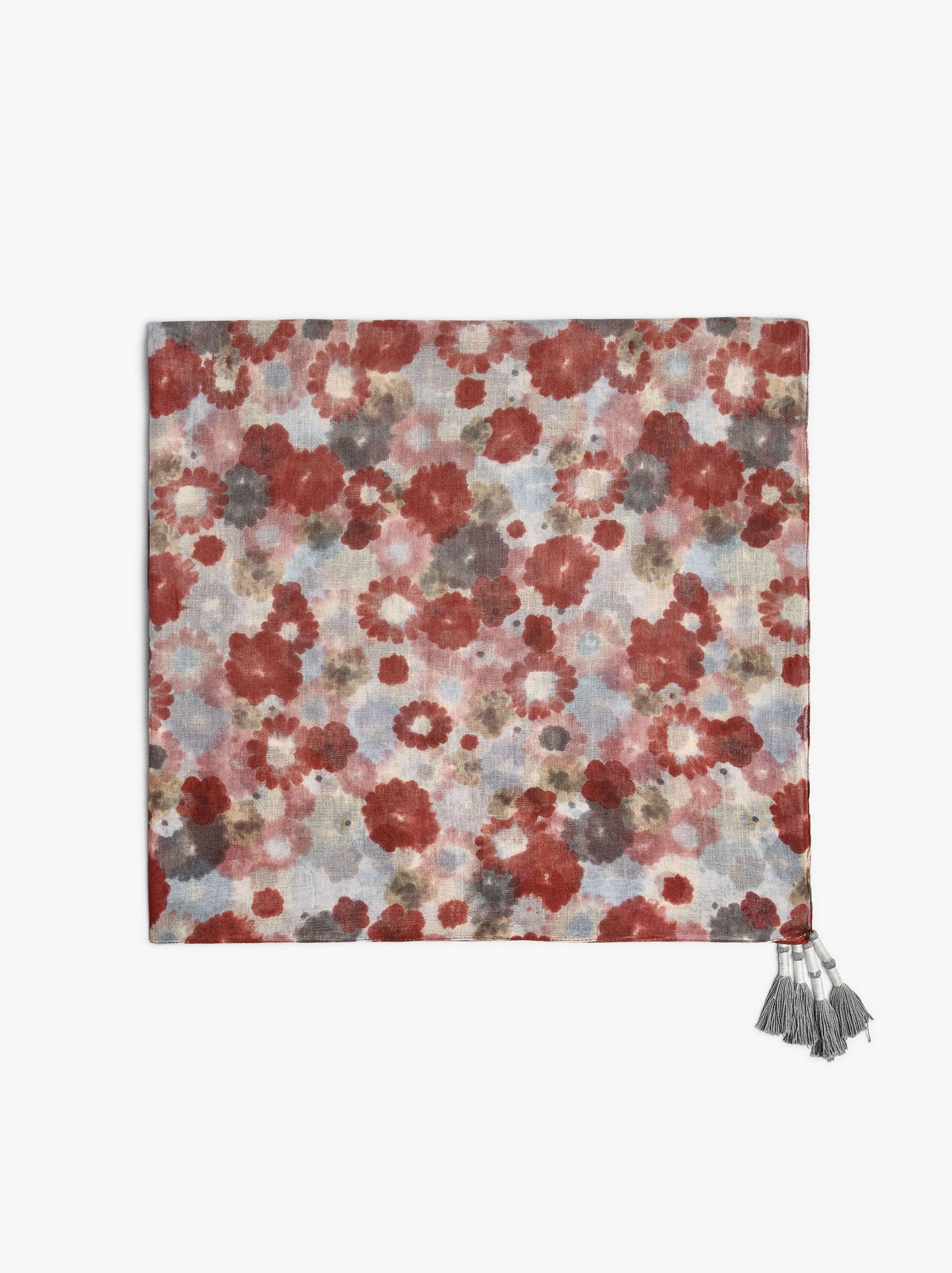 Square Floral-Printed Scarf With Tassels