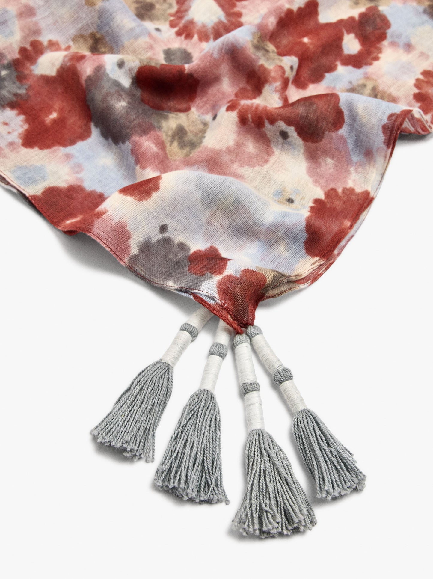 Square Floral-Printed Scarf With Tassels