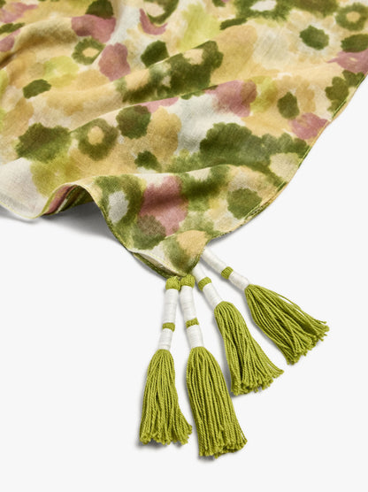 Square Floral-Printed Scarf With Tassels