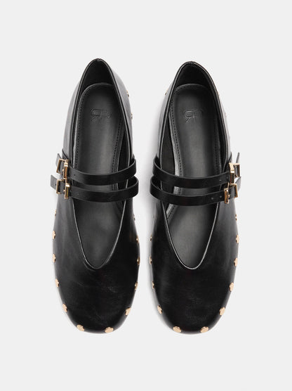 Ballet Flats With Studs And Double Strap