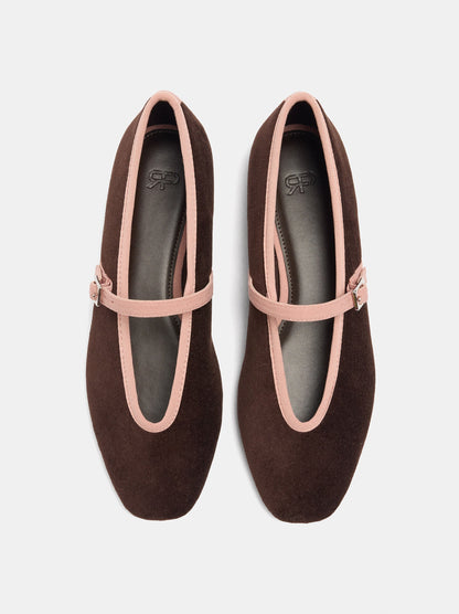 Contrast Velvet-Effect Ballet Flats With Strap