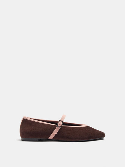Contrast Velvet-Effect Ballet Flats With Strap