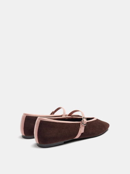 Contrast Velvet-Effect Ballet Flats With Strap