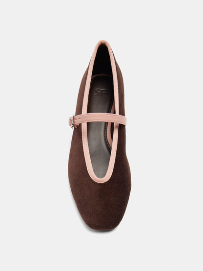 Contrast Velvet-Effect Ballet Flats With Strap