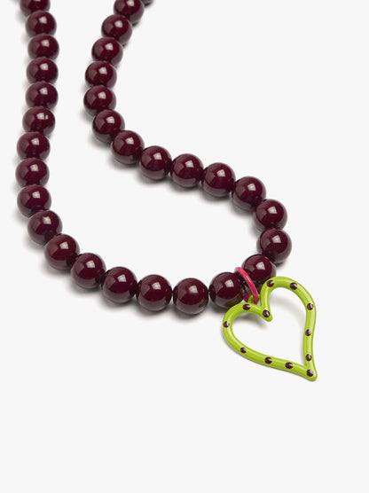 Resin Bead Necklace With Heart Pendant