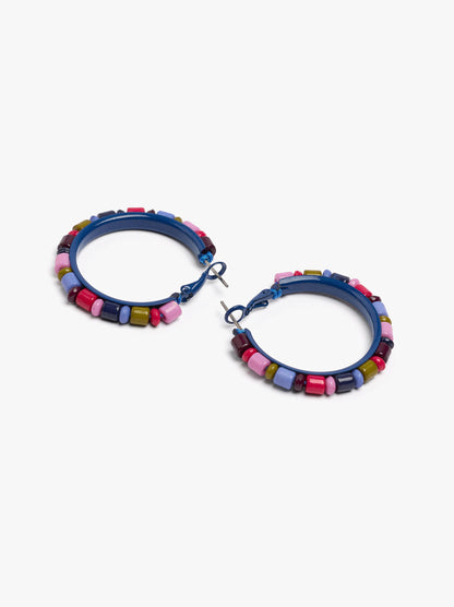 Enamelled Hoop Earrings With Multicolor Beads