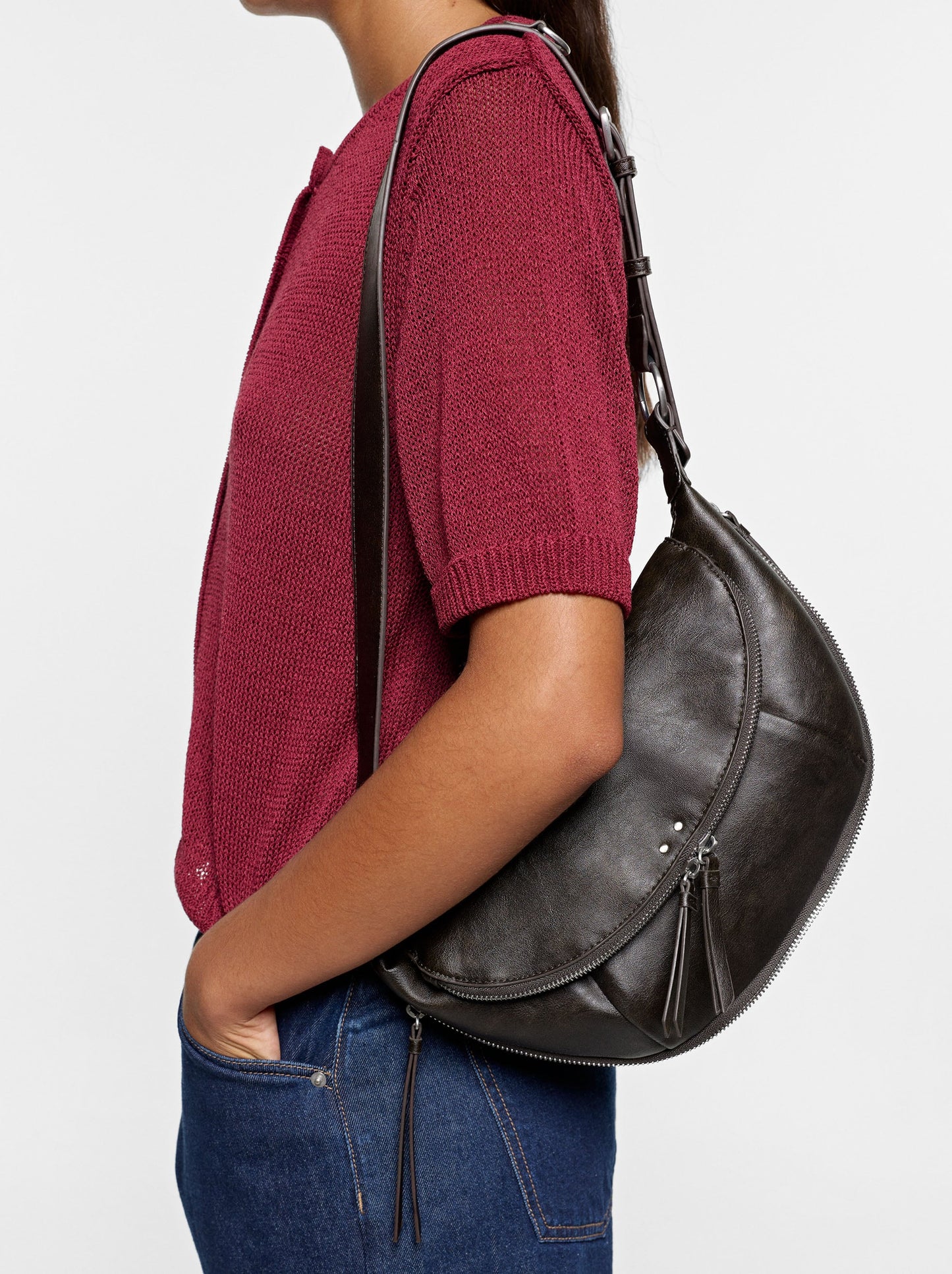 Half-Moon Shoulder Bag With Stitching