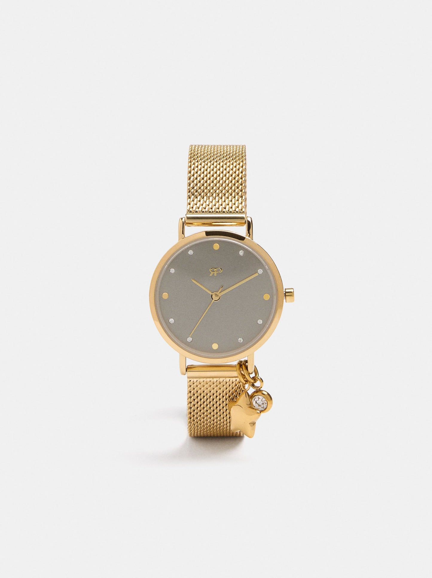 Round Watch With A Steel Mesh Strap And Charm
