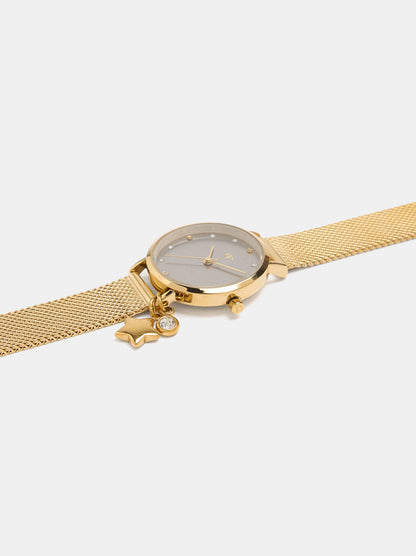 Round Watch With A Steel Mesh Strap And Charm