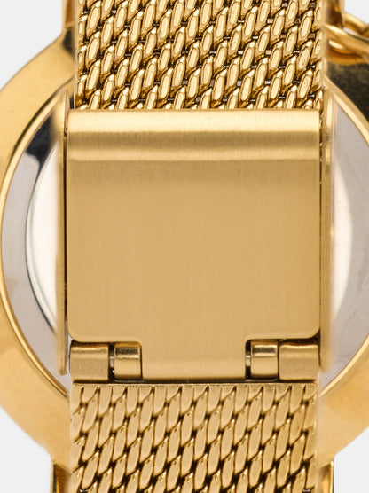 Round Watch With A Steel Mesh Strap And Charm