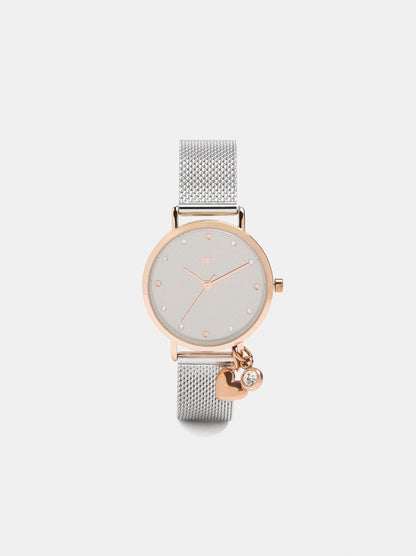 Round Watch With A Steel Mesh Strap And Charm
