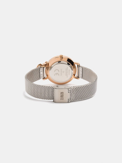 Round Watch With A Steel Mesh Strap And Charm