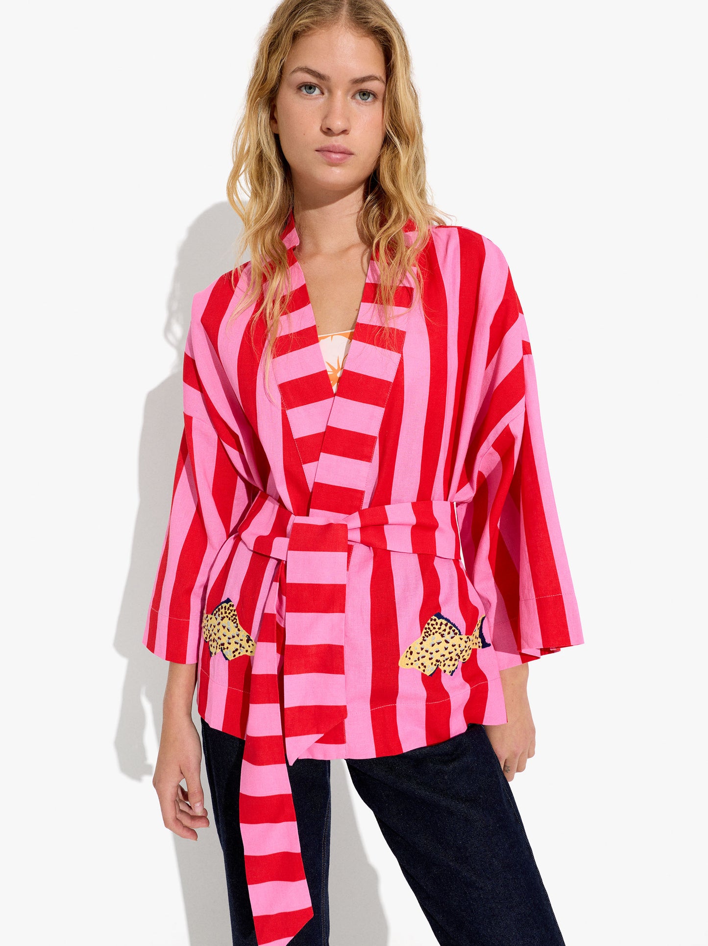 Kimono With Striped Fish Detail