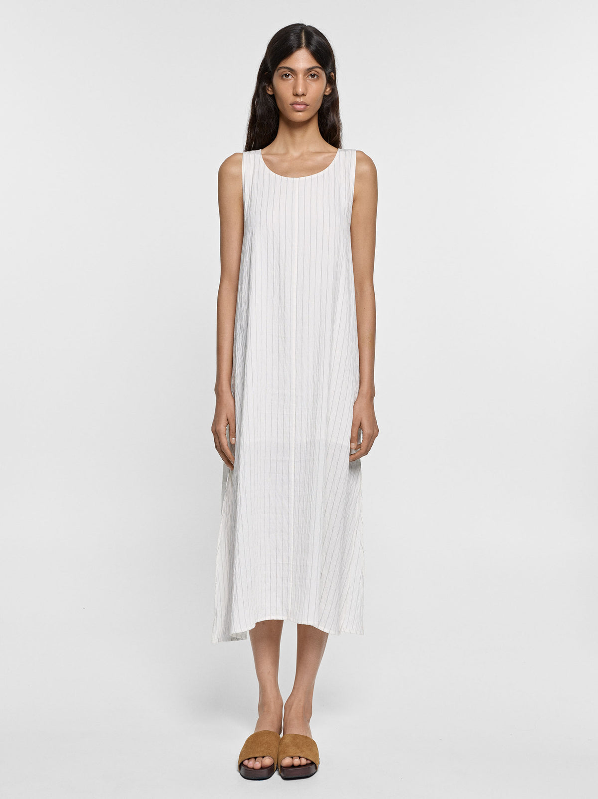 Crinkled Effect Striped Midi Dress