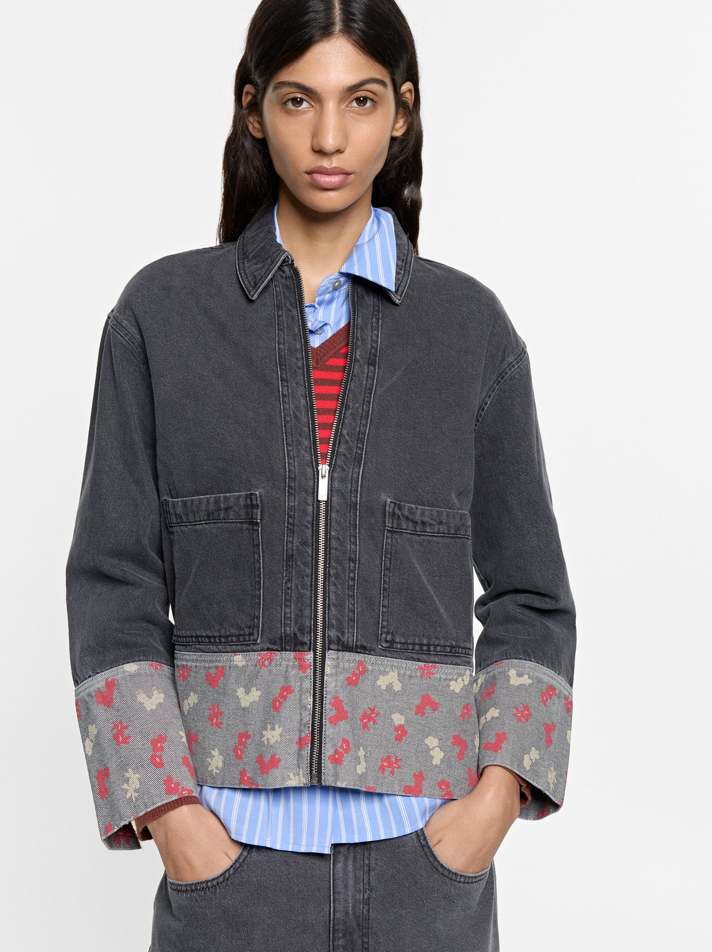 Denim Jacket With Printed Cuff