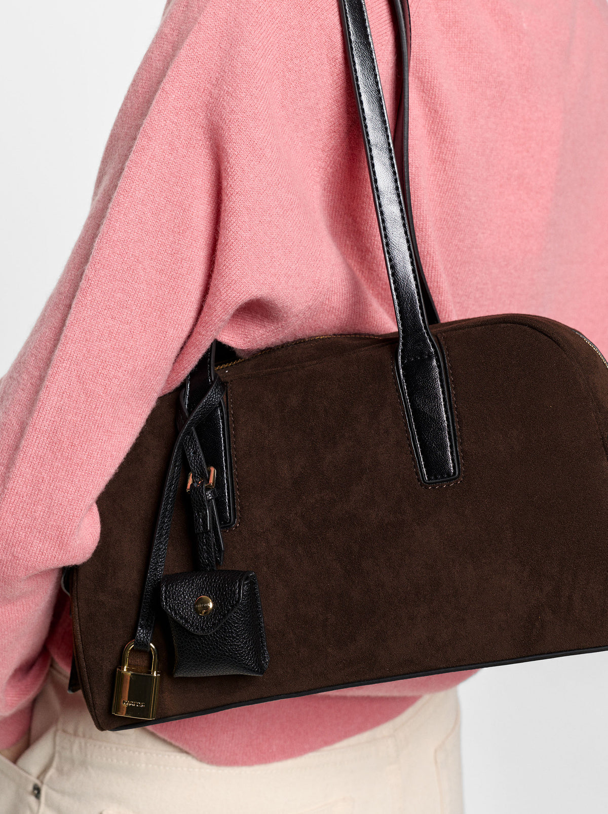 Suede-Effect Shoulder Bag With Hanging Charm