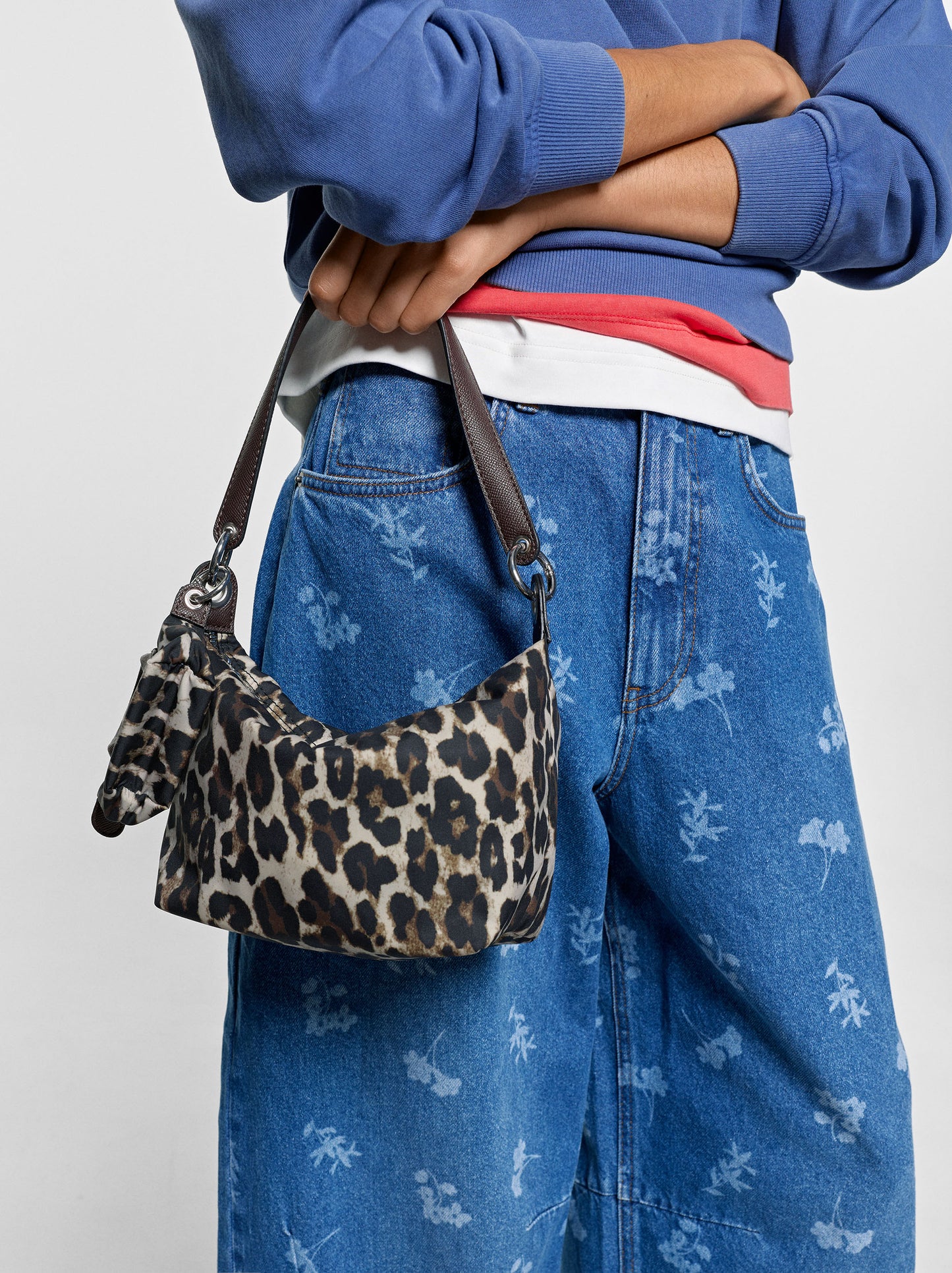 Animal-Print Nylon Shoulder Bag With Charm