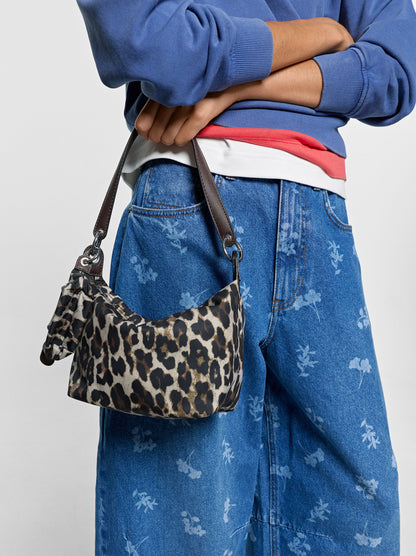 Animal-Print Nylon Shoulder Bag With Charm