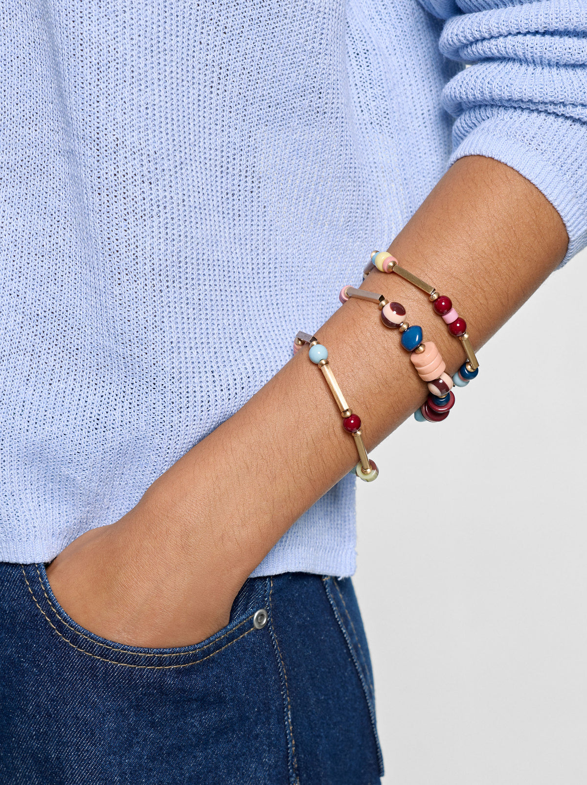Set Of Elastic Bracelets With Colourful Beads