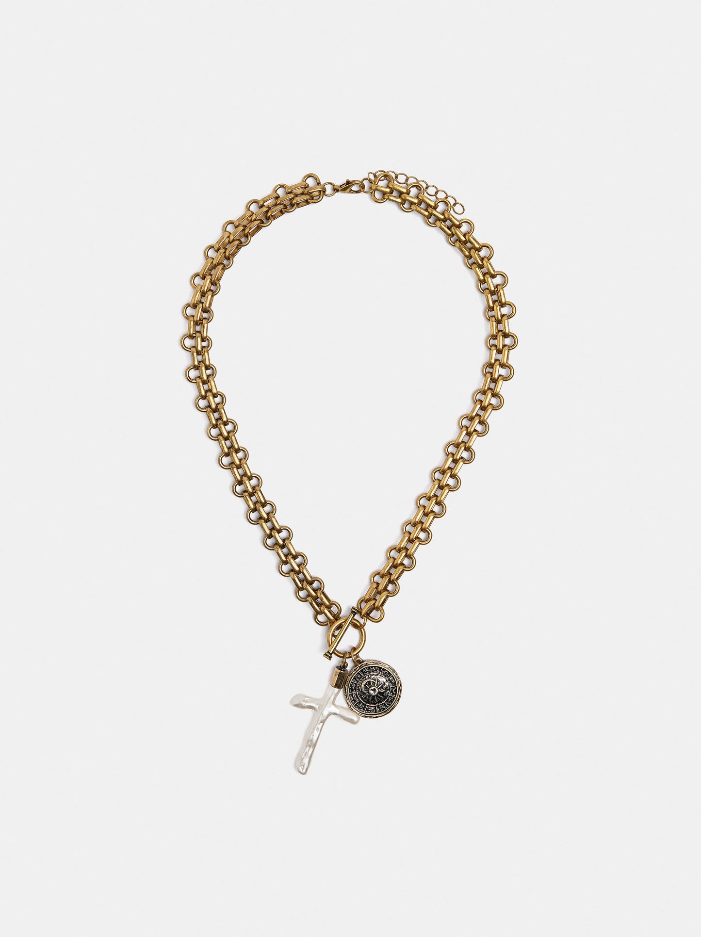 Link Necklace With Cross Pendant And Medal