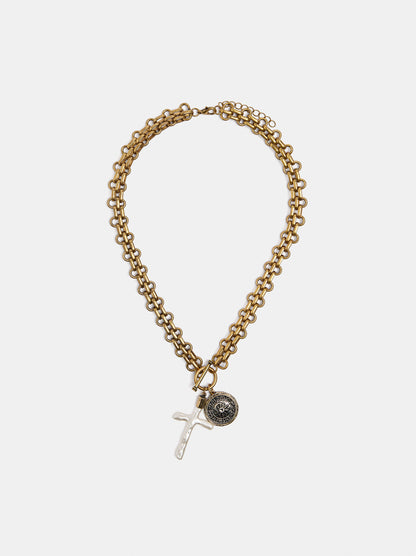 Link Necklace With Cross Pendant And Medal