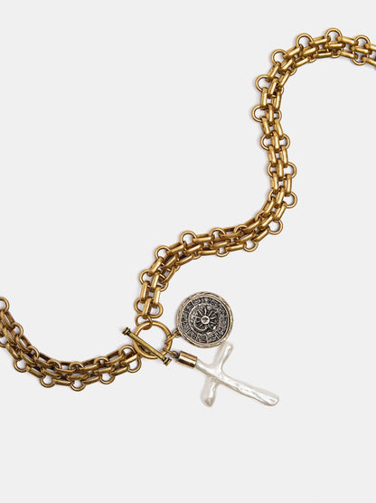 Link Necklace With Cross Pendant And Medal