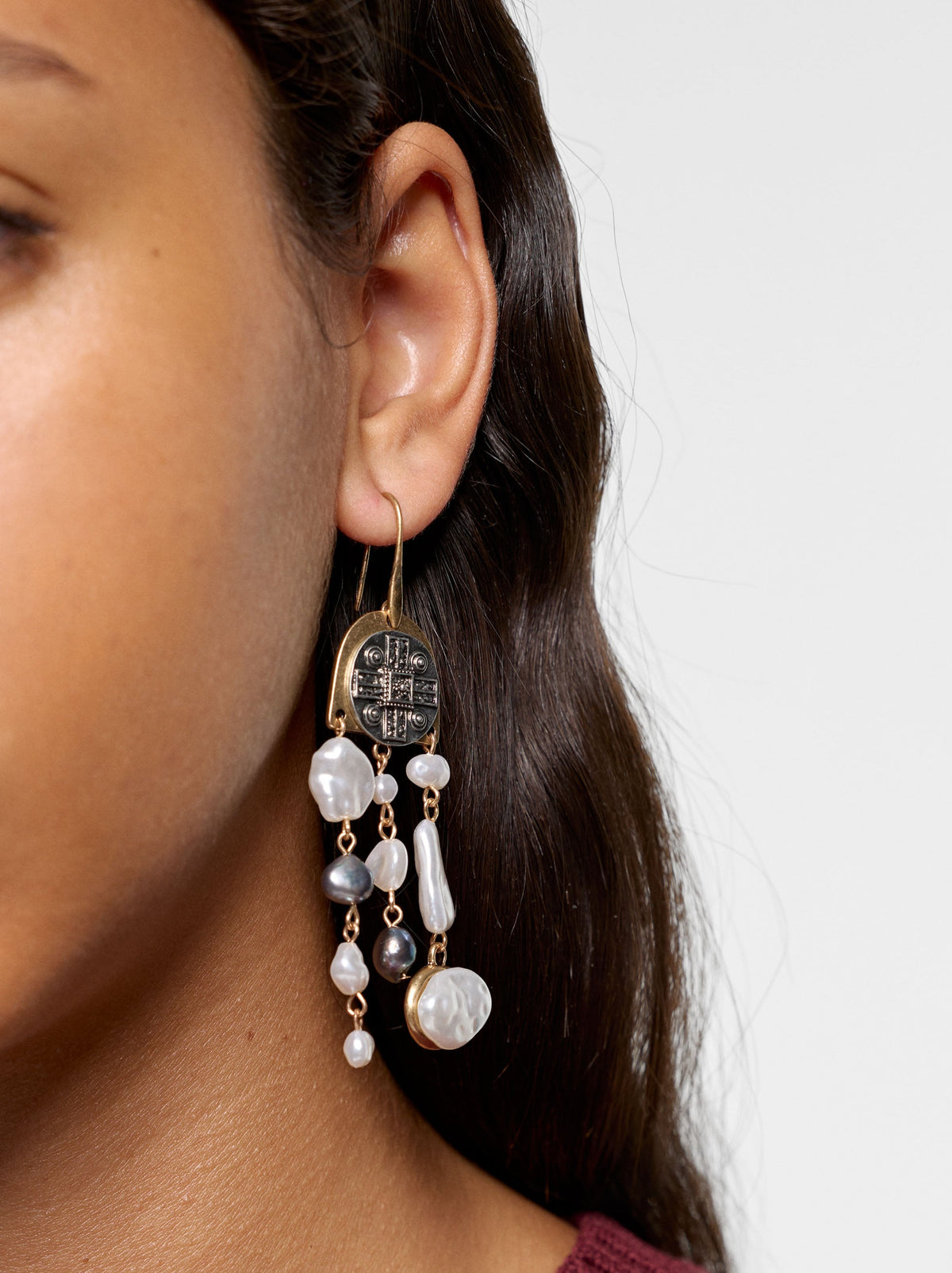 Long Freshwater Pearl Medal Earrings