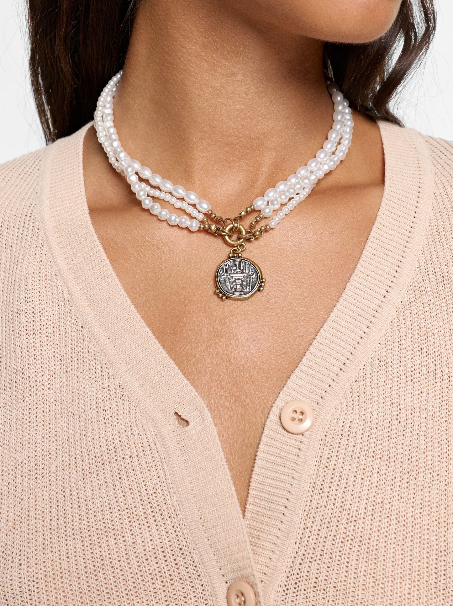 Pearl Multi-Collar With Medal Pendant