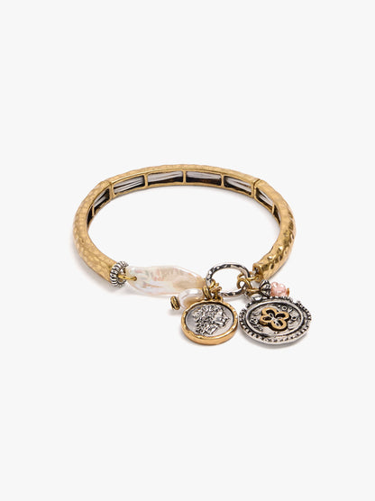 Elastic Bracelet With Charms And Freshwater Pearls