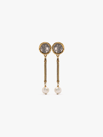 Bicolor Medal Earrings With Bar And Freshwater Pearls