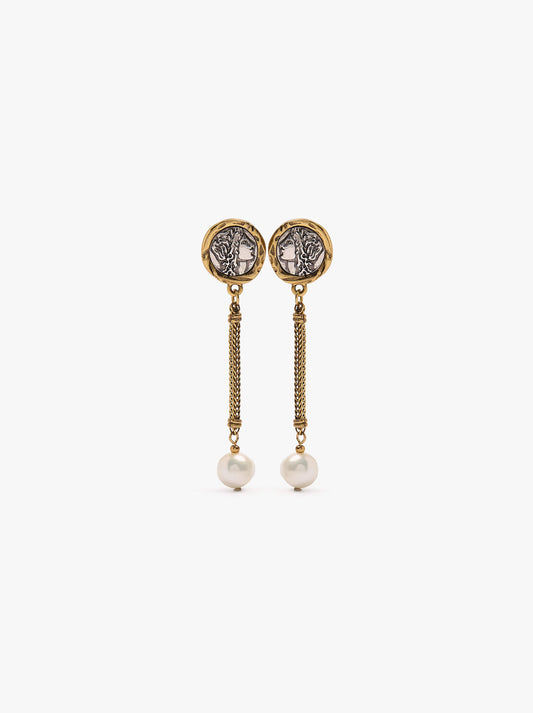 Bicolor Medal Earrings With Bar And Freshwater Pearls