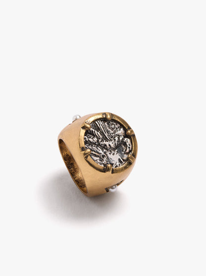 Bicolor Medal Ring With Pearl Detail