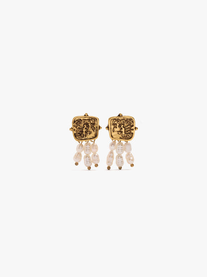 Plate Earrings With Raised Details And Freshwater Pearls