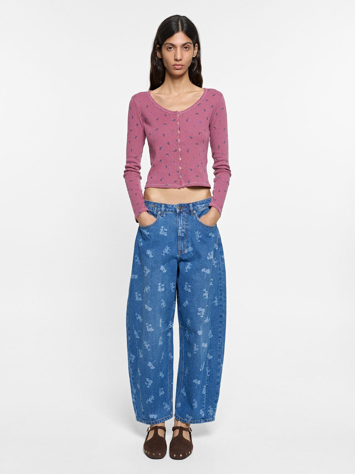 Floral-Print Balloon Jeans