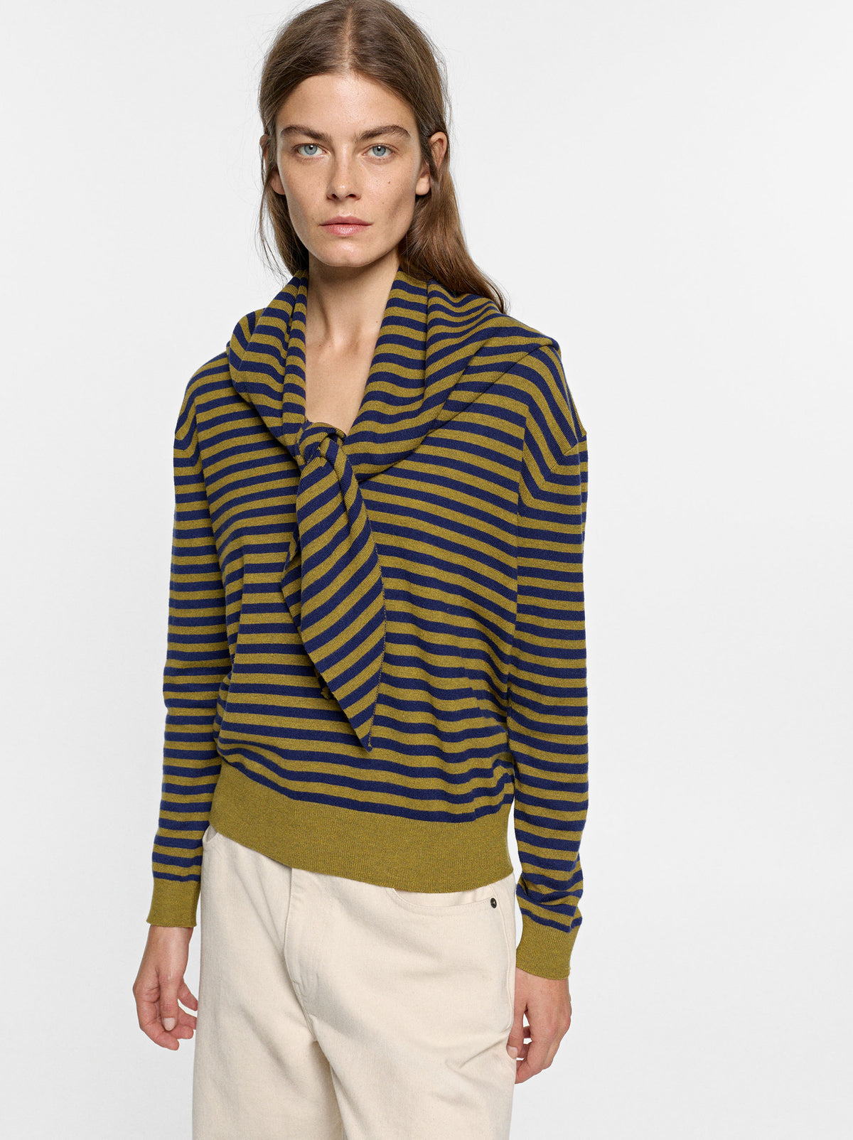 Striped Knit Sweater With Shawl