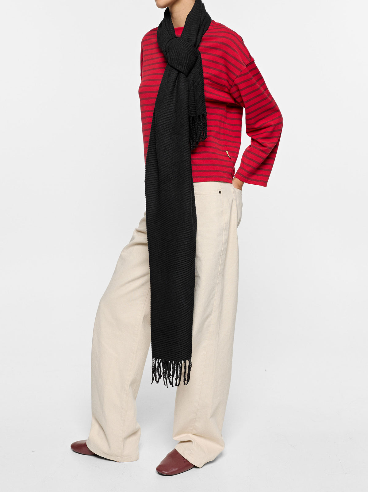 Pleated Scarf With Fringes