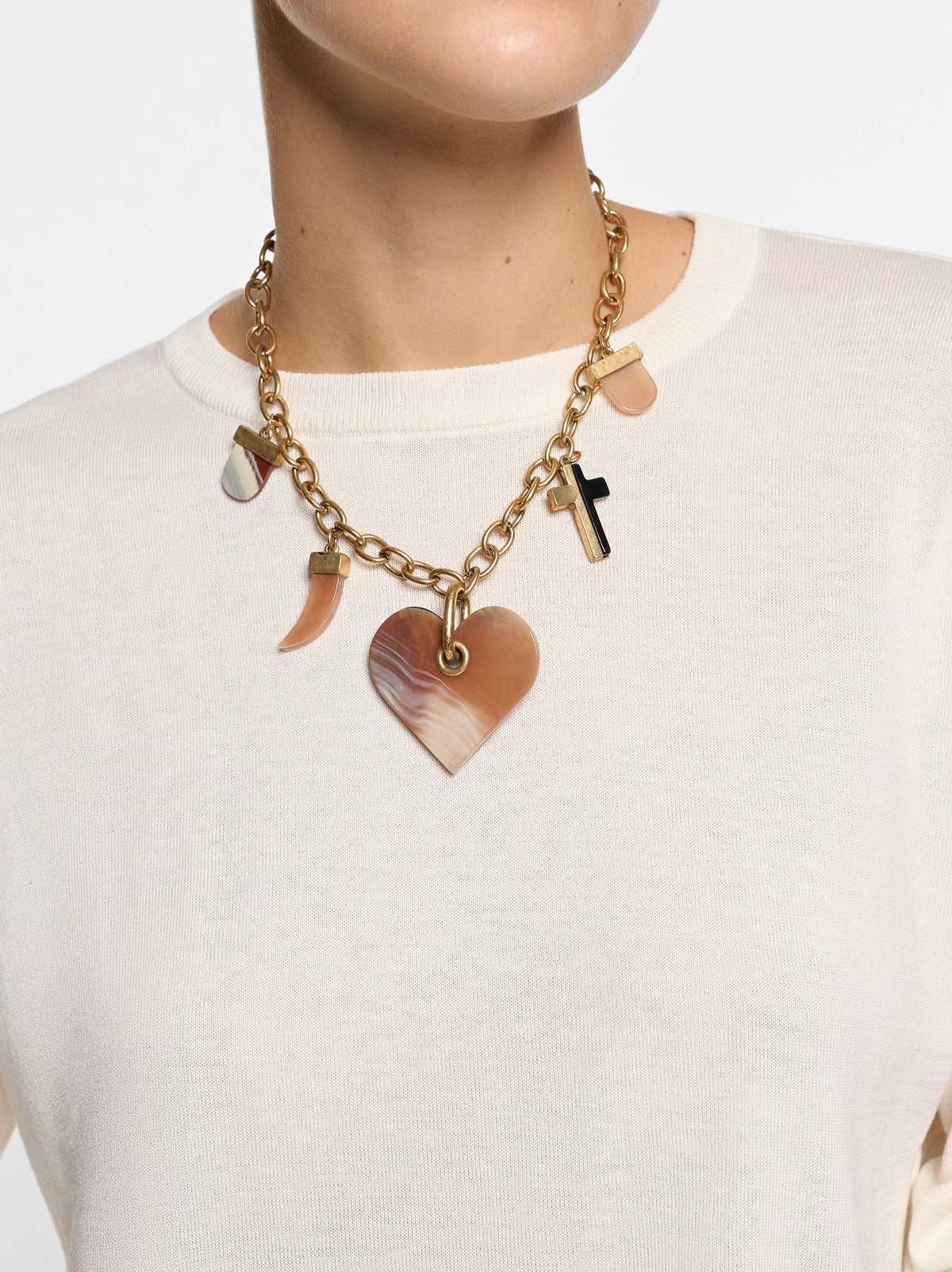 Link Necklace With Heart Pendant With Stone Effect
