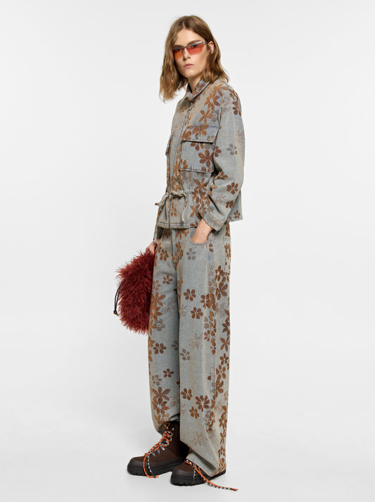 Floral Jacquard Barrel-Leg Jeans