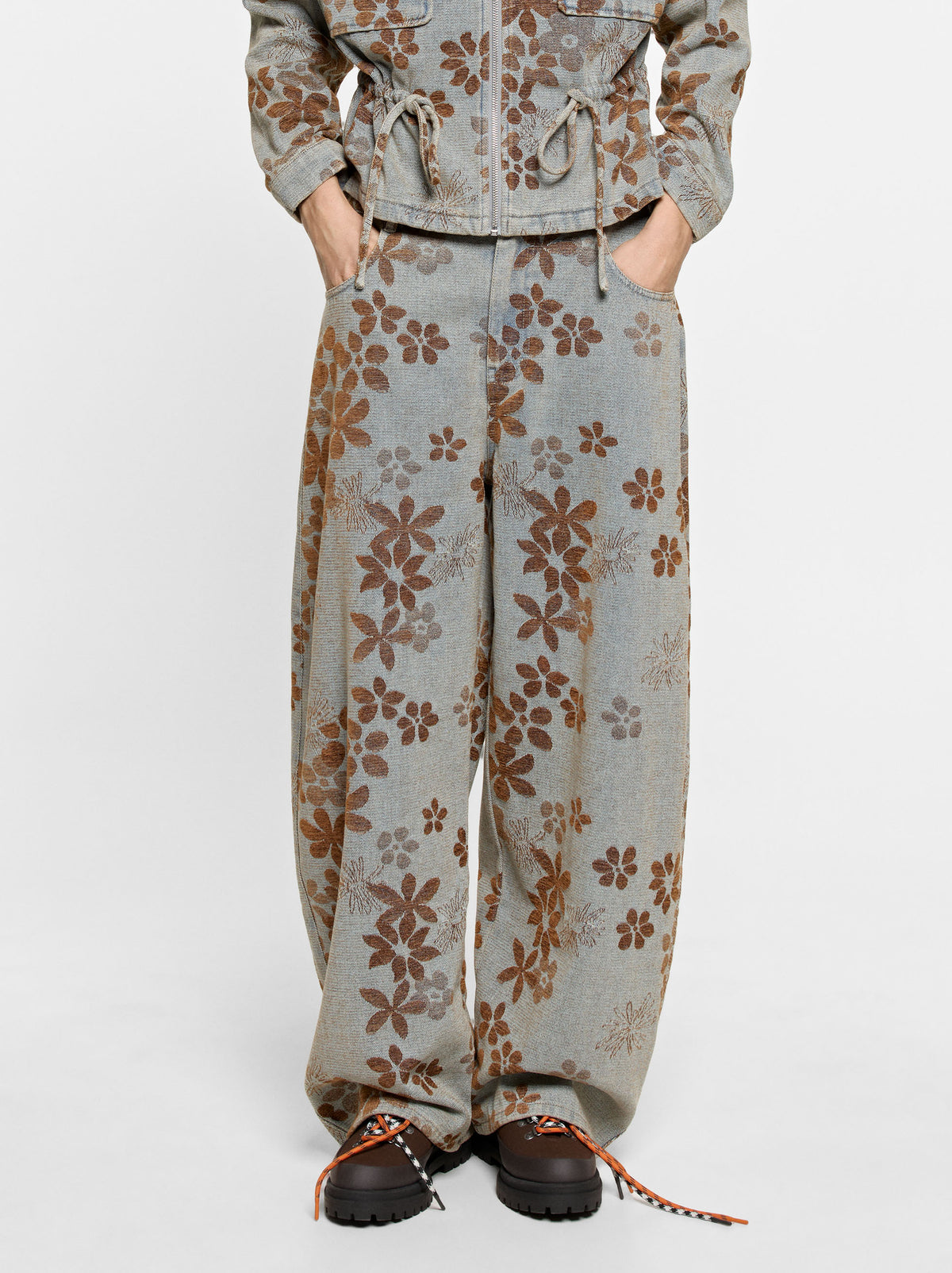 Floral Jacquard Barrel-Leg Jeans