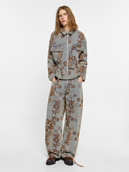 Floral Jacquard Barrel-Leg Jeans