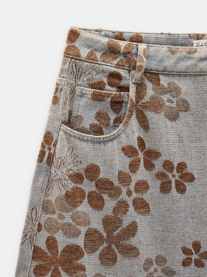 Floral Jacquard Barrel-Leg Jeans