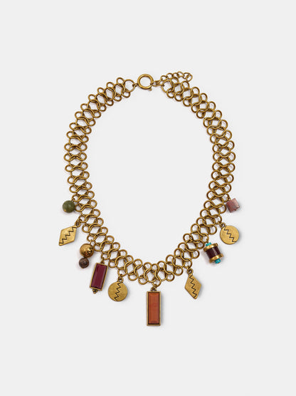 Link Necklace With Stone And Metal Pendants
