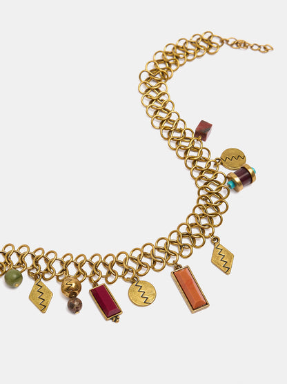 Link Necklace With Stone And Metal Pendants