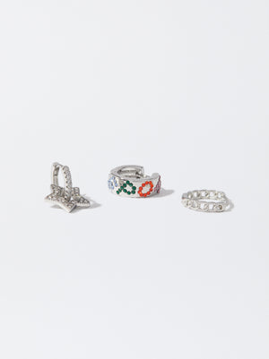 Set Of Silver-Plated Hoop Earrings With Cubic Zirconia