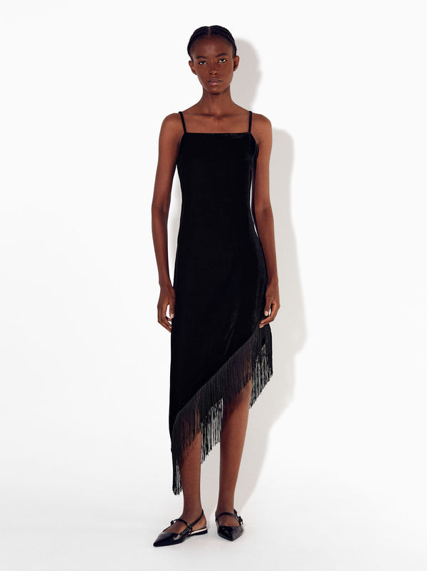 Asymmetrical Velvet Dress With Fringes