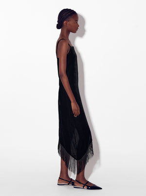 Asymmetrical Velvet Dress With Fringes