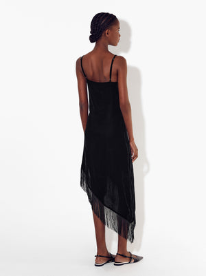 Asymmetrical Velvet Dress With Fringes